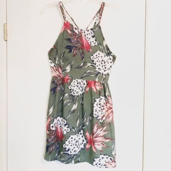Roxy Green Tropical Hawaiian Print Criss Cross Strap Mini Dress - Picture 3 of 7
